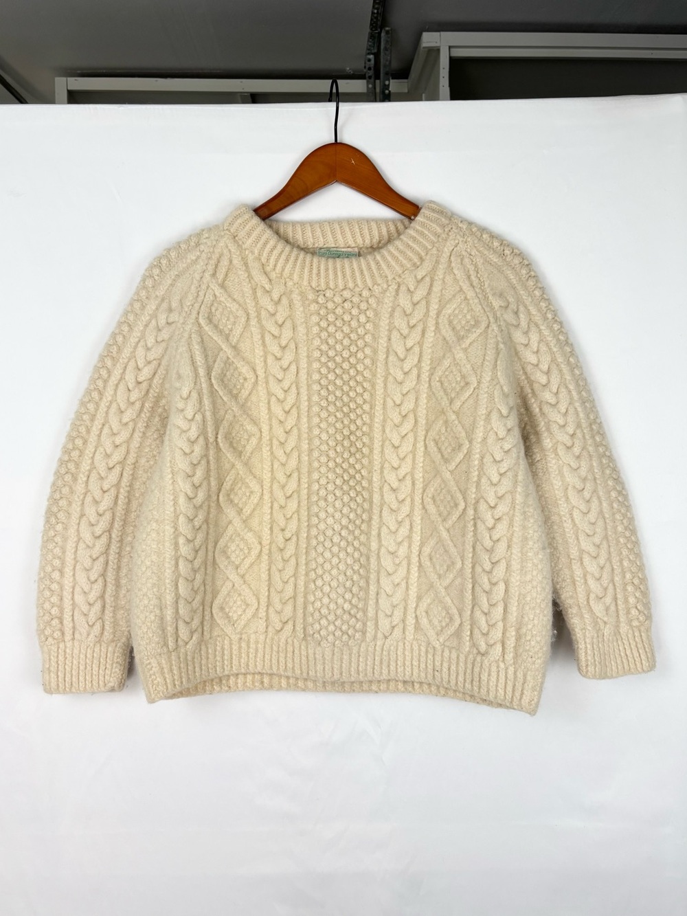 Aran Hand Knit Wool Cable Sweater Cream Ivory Barnas Mor Ireland Crew Neck